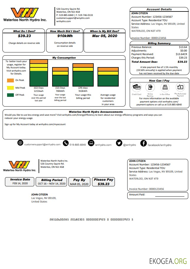 USA Nevada Waterloo North Hydro utility bill template in Word and PDF format (version 2)
